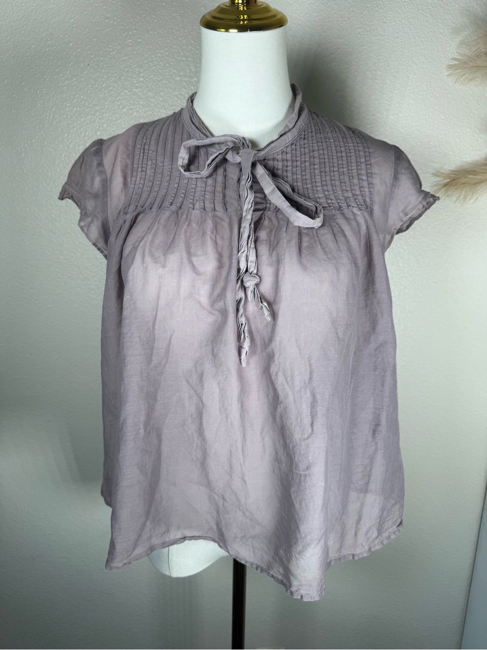 Etcetera Lavender Tie-Neck Pintuck Sheer Blouse Small